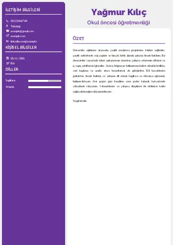 Okul Öncesi Öğretmeni Öğretmenliği Cv Örnekleri cv indir